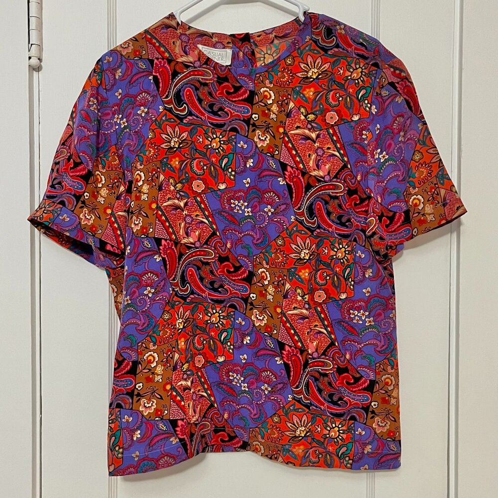 VTG 100% silk blouse size medium geometric art deco colorblock maximalist artsy